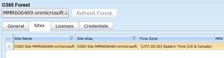 Tenant Forest (Office 365) Configuration Sites Tab To view or edit the Sites tab for tenant forest configuration: From the Forest view toolbar, select a previously defined tenant Forest from the