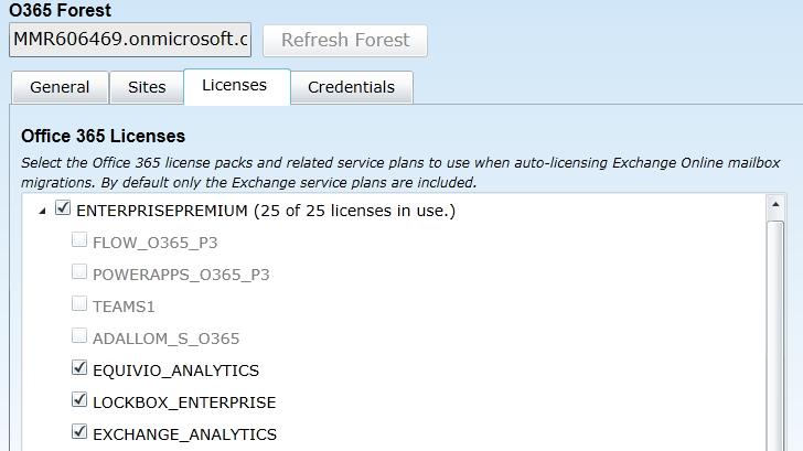 Tenant Forest (Office 365) Configuration Licenses Tab To view or edit the Licenses tab for tenant forest configuration: From the Forest view toolbar, select a previously defined tenant Forest from