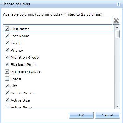 To change the displayed attributes (columns), right-click in the list of user mailboxes:... and then select Choose columns, to open this dialog box: This dialog box shows a complete list of attributes.