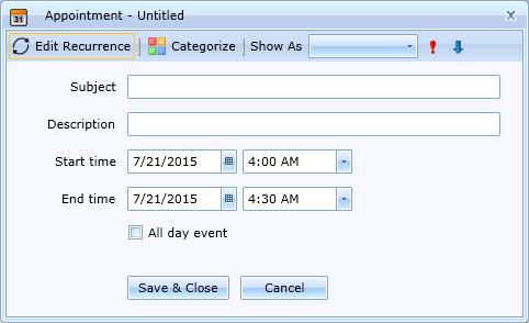 If you are in the Timeline format, double-click in the cell just below the date. The Appointment dialog box appears. Setting a blackout period is like setting up a meeting appointment in Outlook.