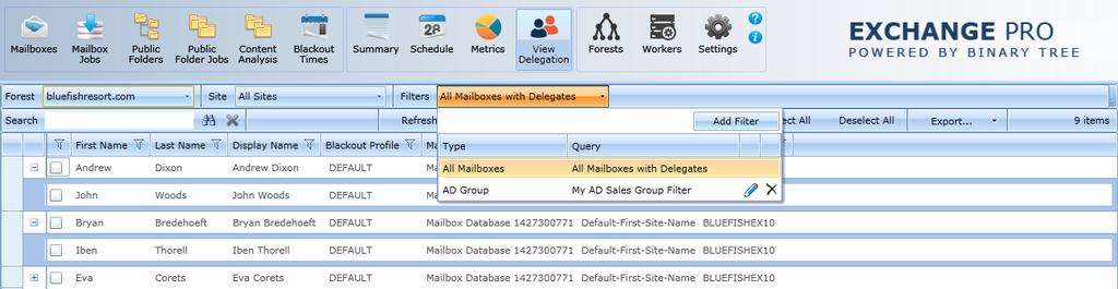 The View Delegation view shows every mailbox in the selected forest that has at least one delegate: You can add these mailboxes to a migration job the same as you migrate mailboxes from the Mailboxes