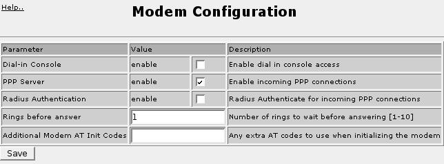 The Dial-in console field allows the modem to answer incoming calls and present a login screen in the same way that the console serial port does.