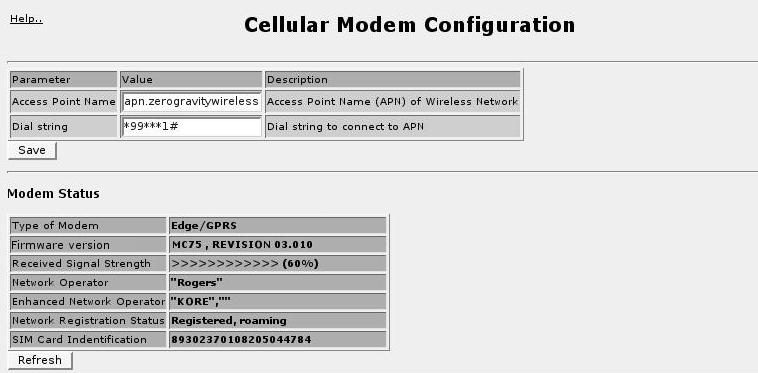 13. Configuring PPP And The Cellular Modem Necessary parameters are configured in the top part of the screen, and modem information and status are displayed at the bottom, under "Modem Status".