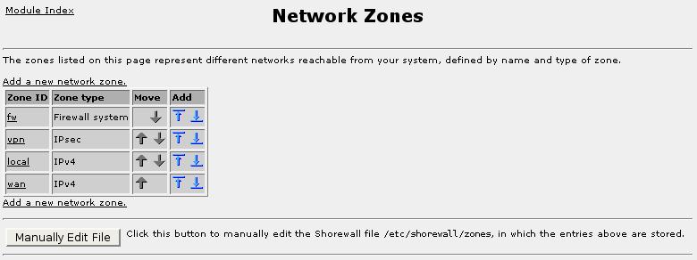 14. Configuring The Firewall 14.6.1. Network Zones Figure 14.3. Firewall Network Zones This menu allows you to add, delete and configure zones.