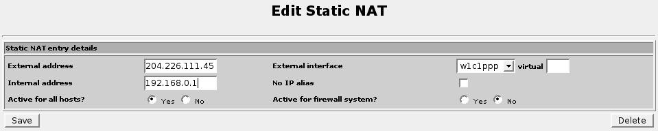 14. Configuring The Firewall This menu allows you to add, delete and static NAT translations.