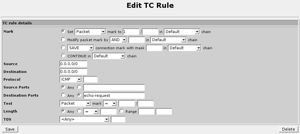 15. Traffic Control Clicking on a link in the Mark column will allow you to edit or delete a traffic classification rule, as shown below.