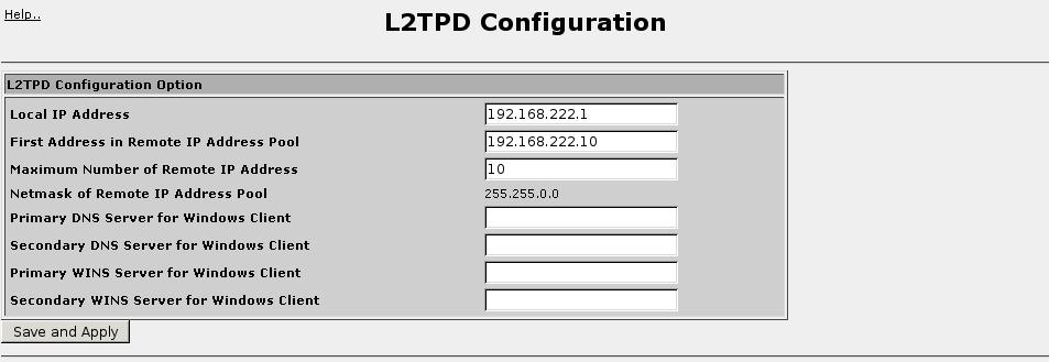 16. Configuring IPsec VPN 16.2.4. L2TPD Configuration Figure 16.5. L2TPD Configuration Menu The Local IP Address field sets the router's IP address for the PPP connection.