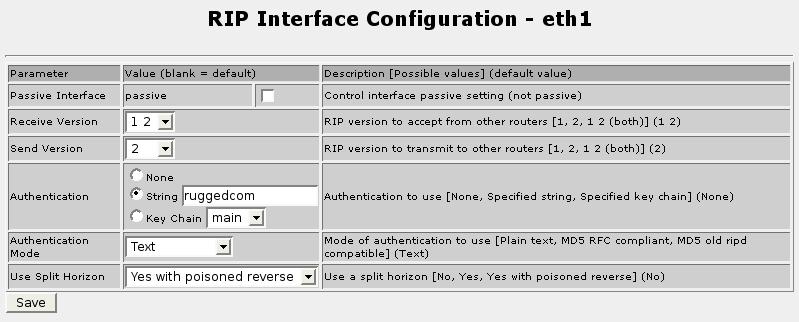 17. Configuring Dynamic Routing 17.2.5.3. RIP Interfaces Figure 17.19. RIP Interfaces Parameters specific to one interface are configured here. Each interface on the router is listed.