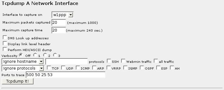 23. Network Utilities 23.7.1. Tcpdump A Network Interface Figure 23.7. Tcpdump Menu The Interface to capture on field specifies the interface to show traffic on.
