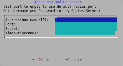 RADIUS Server Configuration menu The Hostname/IP field configures the RADIUS server's IP address. The Port Number field sets the port number used by the RADIUS server.