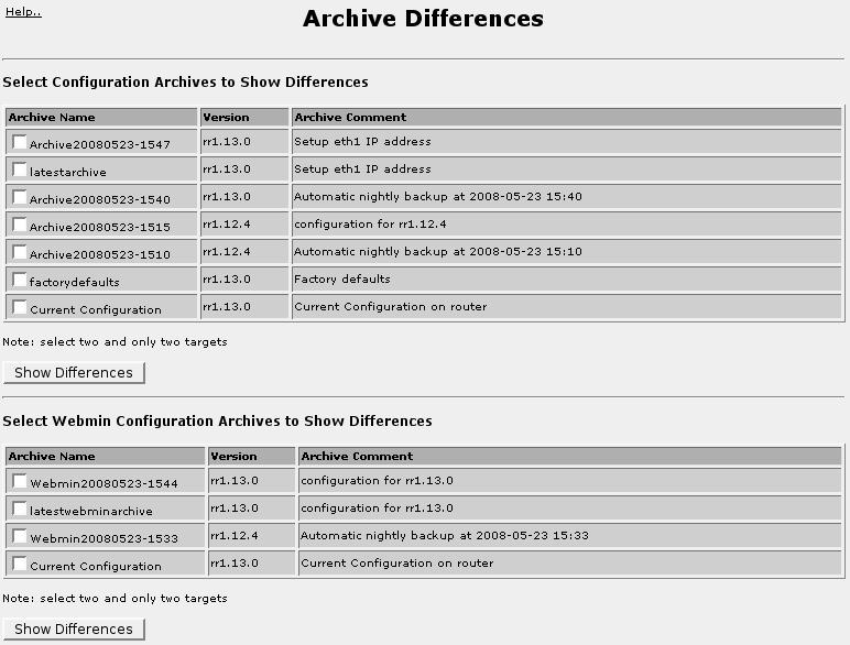 34. Maintaining The Router 34.5.6. Archive Difference Tool Figure 34.20. Archive Differences Menu The Archive Difference menu shows the difference between two targets.