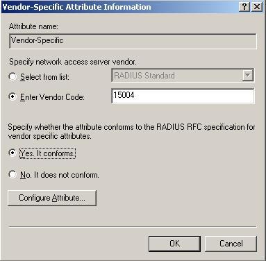 Appendix E. RADIUS Server Configuration Figure E.5. IAS Window - Vendor-Specific Attribute Information 8.