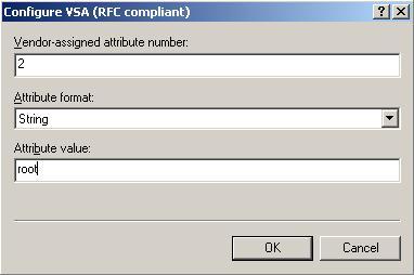 For Attribute format, select "string"; for Attribute value enter the privilege level of the group being created, e.g. "operator". Figure E.6. IAS Window - Configure VSA (RFC compliant) E.3.