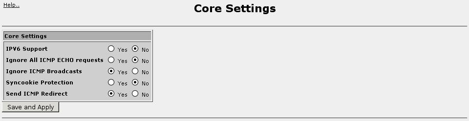 5. Configuring Networking Select the Core Settings icon to configure kernel networking settings such as syncookies filtering.