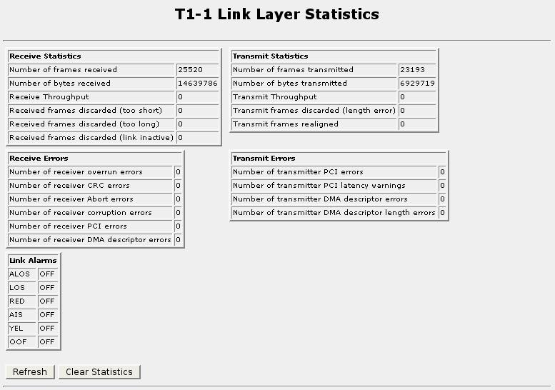 7. Configuring Frame Relay/PPP And T1/E1 7.2.5. T1/E1 Statistics When at least one logical interface is configured, T1/E1 Link and logical interface statistics will be available.