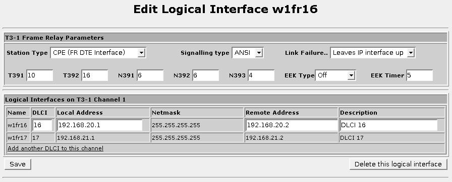 8. Configuring Frame Relay/PPP And T3/E3 Figure 8.7. Edit Logical Interface (Frame Relay) 8.2.2.2. Editing A Logical Interface (PPP) Figure 8.8. Edit Logical Interface (PPP) The Local IP Address field defines the IP address for the PPP interface.