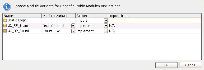 To create a configuration that implements BramSecond and CountCCW, change the Module Variant column to match these reconfigurable modules. See the figure below.