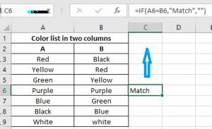 As you can see there is a match in cell A6 and B6. Let s select the cell C6 for applying the formula.