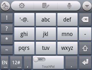 Touch to set the TouchPal keyboard. Touch to open text editing options. You can select, cut, copy, paste, and delete text, or move the cursor. Touch to use voice input.