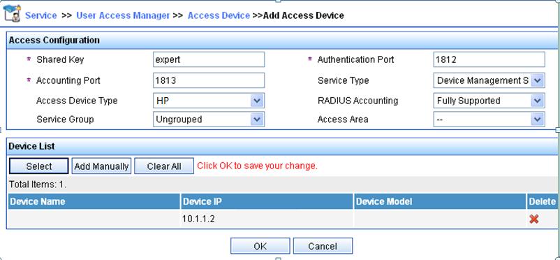 # Add the switch to the IMC Platform as an access device. Log in to IMC, click the Service tab, and select User Access Manager > Access Device Management > Access Device from the navigation tree.
