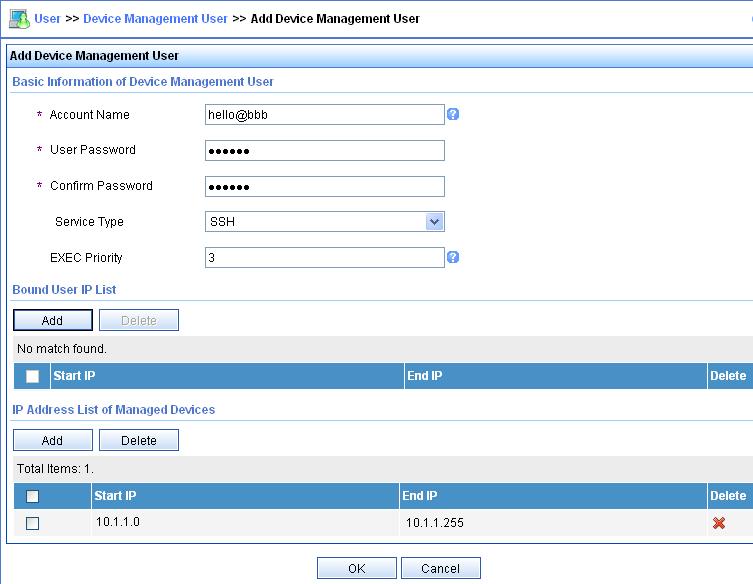 Figure 16 Adding an account for device management 2. Configure the switch: # Configure the IP addresses for interfaces. (Details not shown.) # Create local RSA and DSA key pairs.