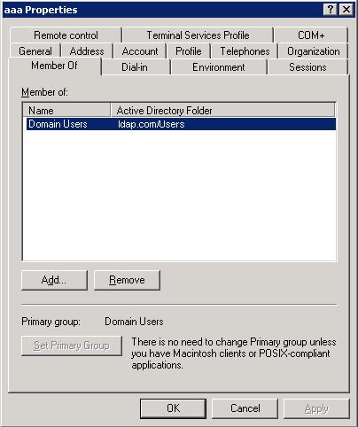 j. In the dialog box, click the Member Of tab and click Add. Figure 20 Modifying user properties d.
