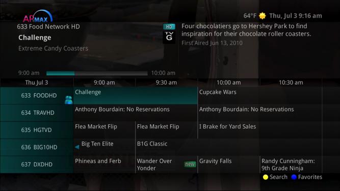Information about the program you are tuned to displays at the top of the screen along with indicators showing: Whether a program is in HD Whether a program is a new episode Whether the broadcast is