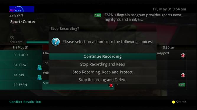 The options are: Continue Recording Does not stop recording the program.