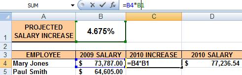 To make the Projected Salary Increase cell an absolute, we click on cell C4 to select the cell with the original formula. Now click directly on B1 in the formula bar.