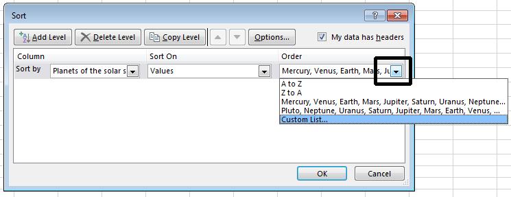 Excel 2013 Advanced Page 101 Click on the down arrow to the right of the Order section and select Custom List.