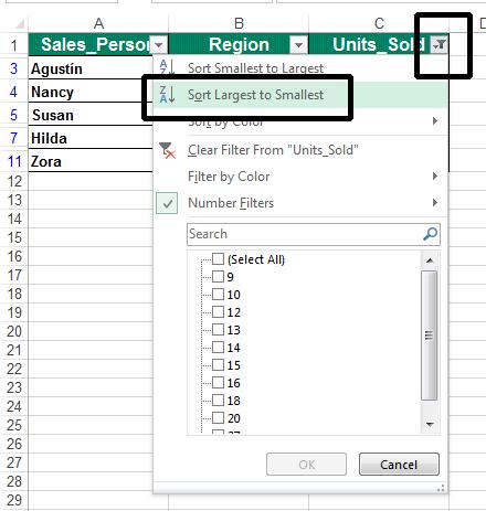 To do this click on the AutoFilter down arrow in the Units_Sold