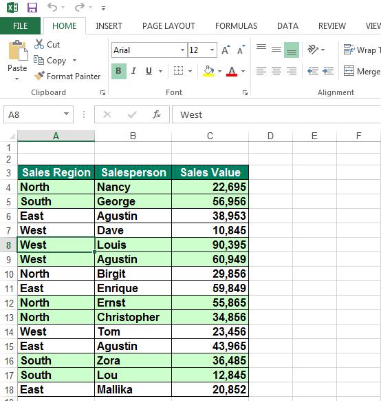 Excel 2013 Advanced Page 120 Click within the data in the Sales Region column.