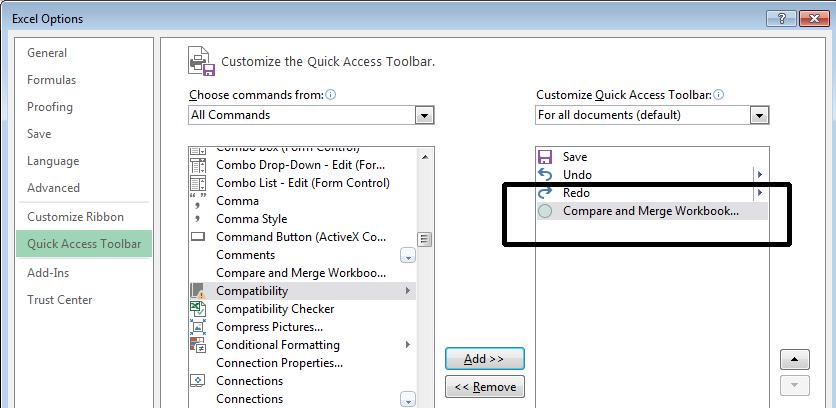 Excel 2013 Advanced Page 139 Click on the OK button and you will see an extra icon in the Quick Access Toolbar. Reopen the original workbook called Compare and Merge 01.