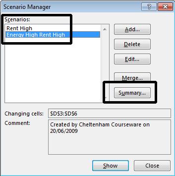 Excel 2013 Advanced Page 155 This will display the Scenario Summary dialog