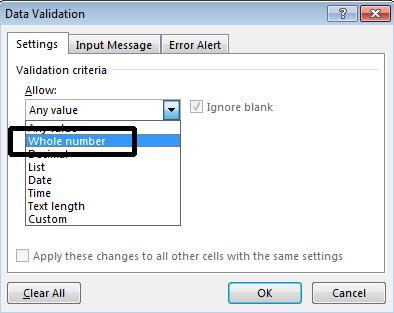 Excel 2013 Advanced Page 158 This will display the Data Validation dialog box. Make sure that the Settings tab is selected. Click on the down arrow within the Allow section of the dialog box.