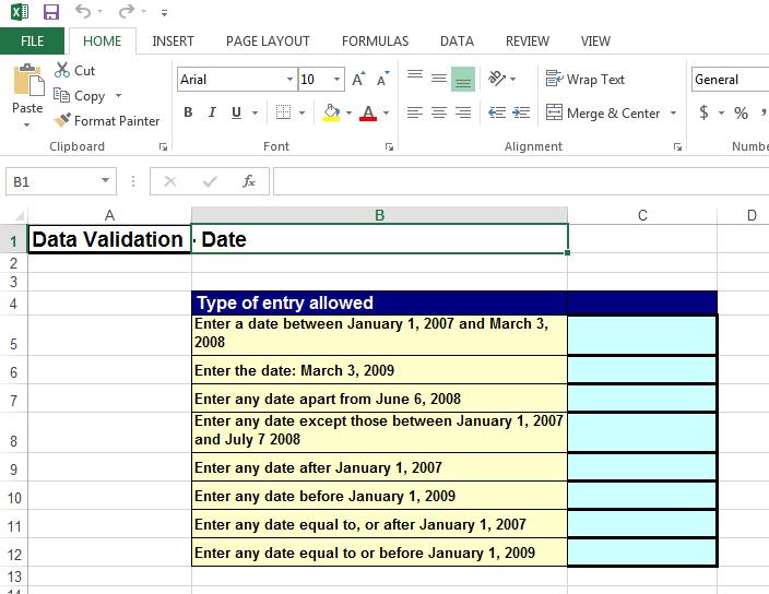 Excel 2013 Advanced Page 167 Data validation - Date Open a workbook called Data Validation - Date. This worksheet contains the following data. Click on cell C5.