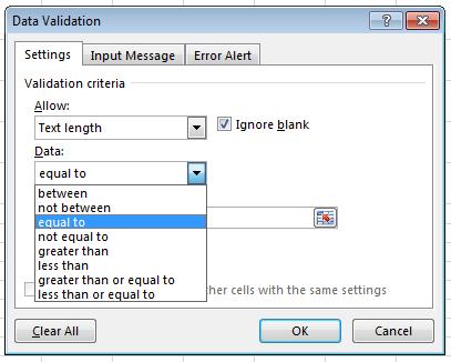 Excel 2013 Advanced Page 175 Once you have selected the Text length item more options will be displayed within the dialog box.