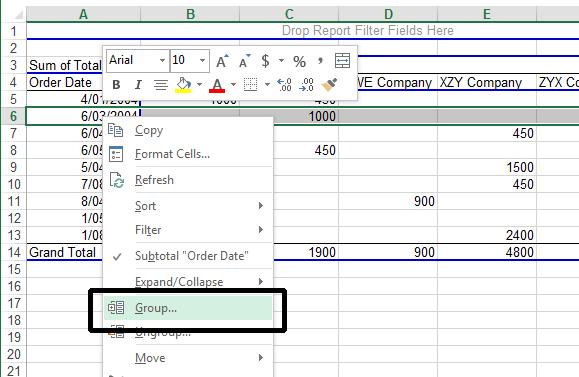 Excel 2013 Advanced Page 19 In this example we are going to automatically group the dates in the pivot table by