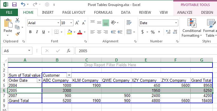 Excel 2013 Advanced Page 20 Click on the OK button to close the Grouping dialog box and apply the automatic grouping. As you can see, orders have now been grouped by year.
