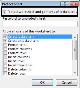Make sure that the Protect worksheet and contents of locked cells check box is ticked. Click on the OK button to close the Protect Sheet dialog box.
