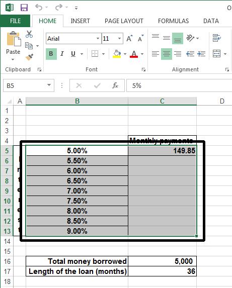 Excel 2013 Advanced Page 25 To construct the data table we need to first select the following area of the worksheet.