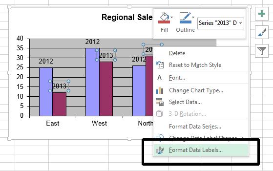 Right click over a selected data label and from the pop-up menu displayed click on the