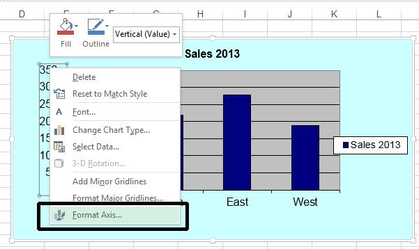 Excel 2013 Advanced Page 47 The Format Axis side panel is displayed.