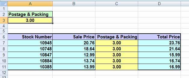 This should automatically change the data in the postage and packing column data.