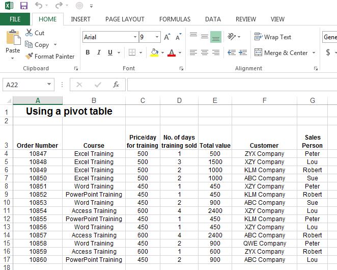 Excel 2013 Advanced Page 7 Excel 2013 Pivot Tables Creating and using a pivot table Open a workbook called