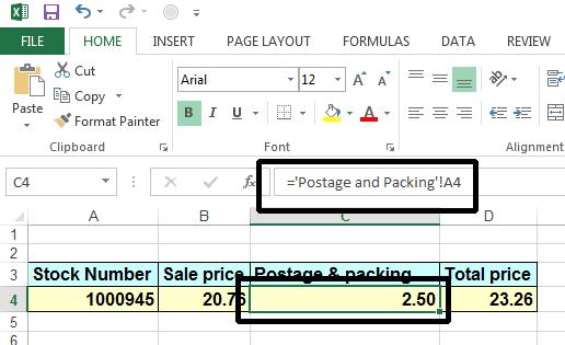 Excel 2013 Advanced Page 71 The formula is: ='Postage and Packing'!A4 This formula established a link between the two worksheets, within the workbook.