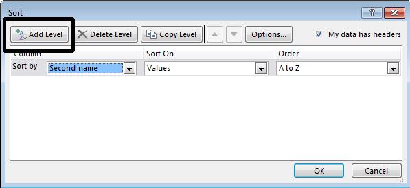 Excel 2013 Advanced Page 89 Click on the Add Level button. A second sort level will now be displayed as illustrated.