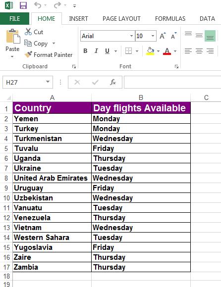 Excel 2013 Advanced Page 91 This worksheet contains details for a small air travel company, operating flights to different countries that leave on specific days of the week.