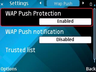 Filtering WAP Push Messages Enabling WAP Push Protection WAP Push Protection allows you to use a list of trusted senders to filter WAP Push messages. To enable WAP Push Protection: 1.