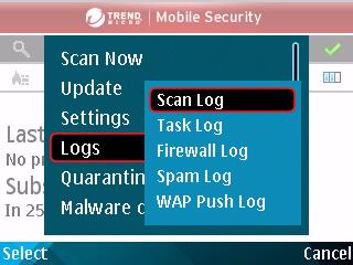 Trend Micro Mobile Security for Symbian OS /S60 3rd Edition User s Guide 9 Viewing Event Logs Viewing Logs To view each log, select the log from the Logs submenu. To view log entries: 1.